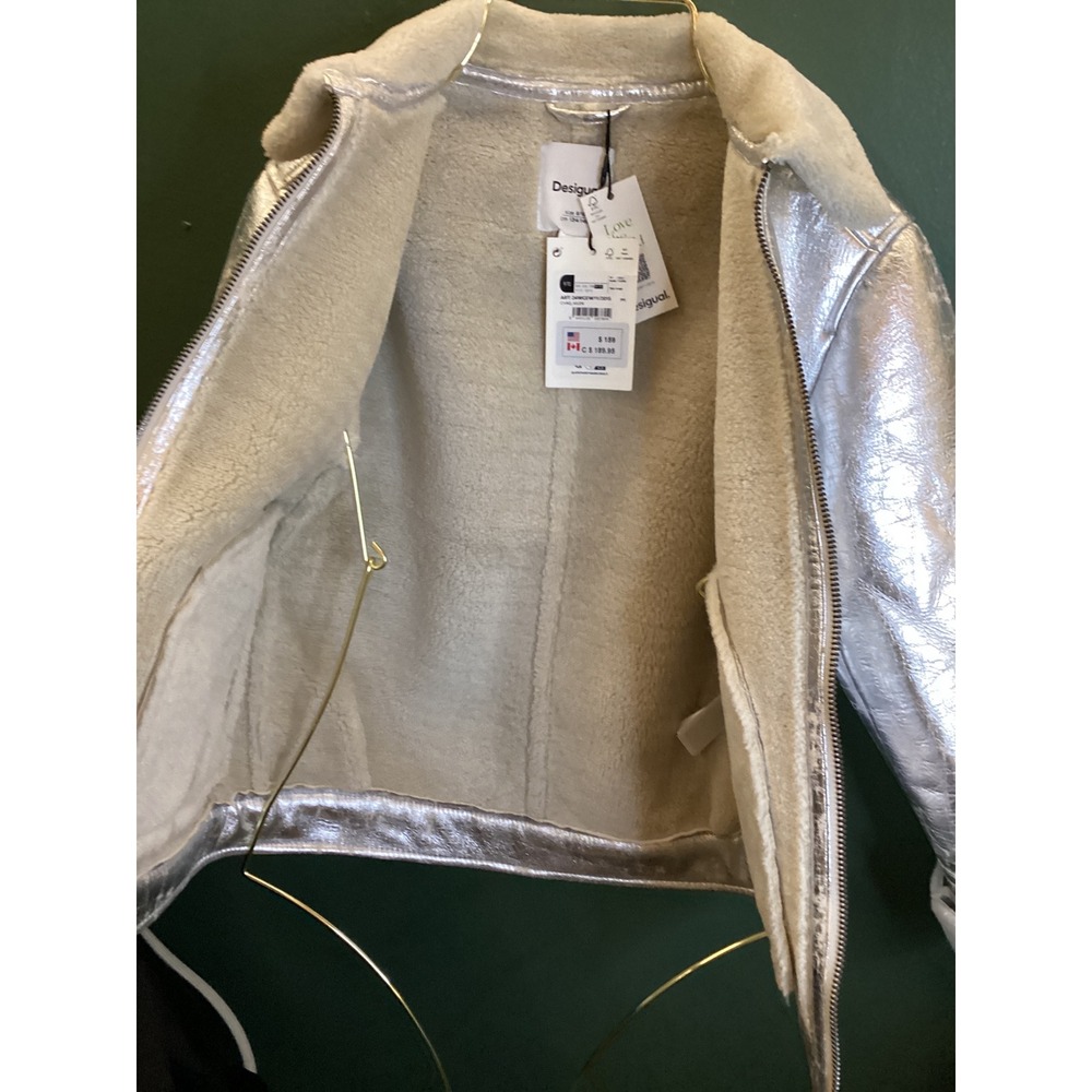 Desigual Silver Metallic Aviator Jacket Kids Size 9/10 NWT Faux Shearling Biker - Picture 3 of 6